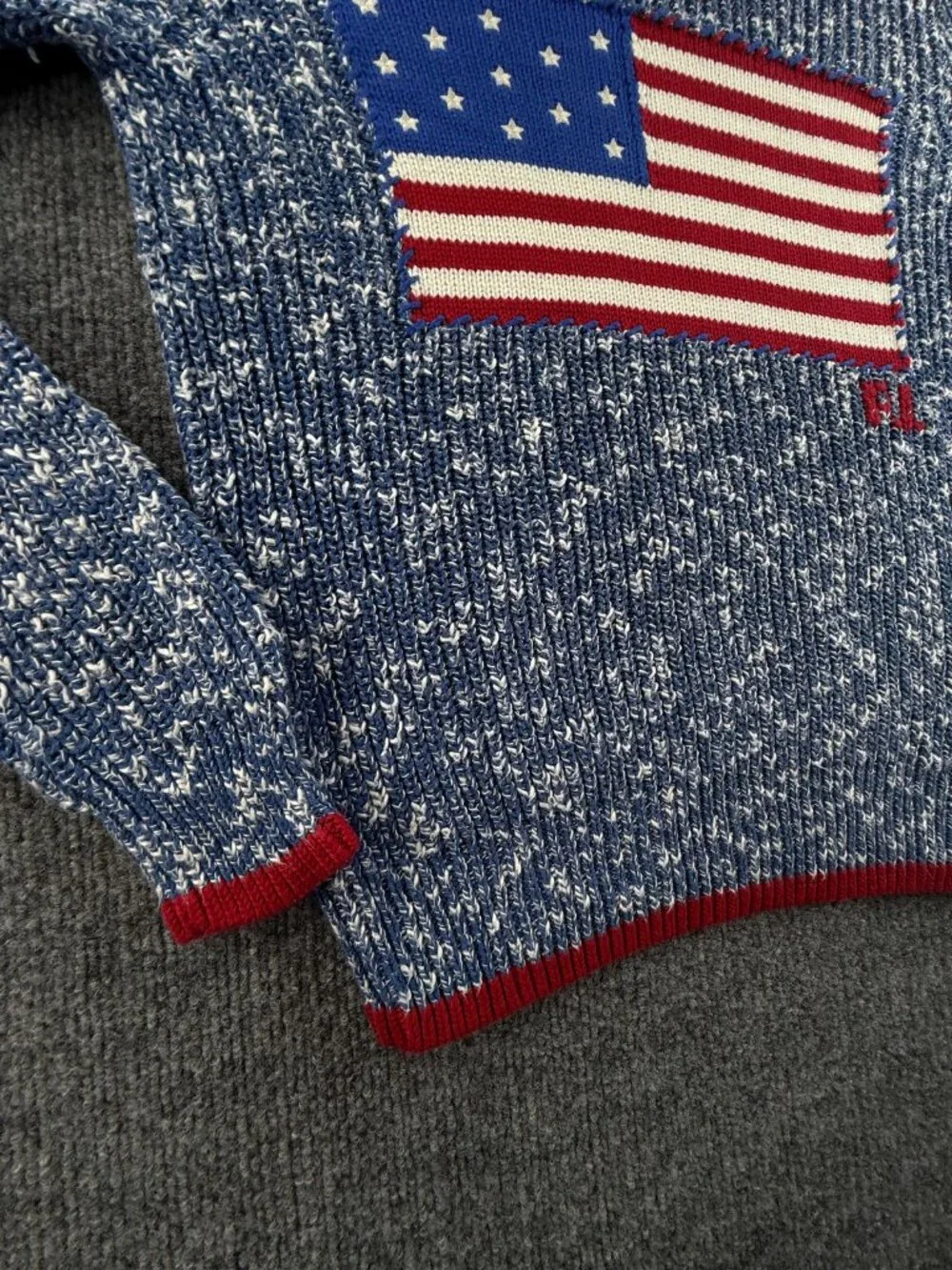 Polo Ralph Lauren XS Speckled USA Flag Chunky Knit Graphic Crew Neck Pullover